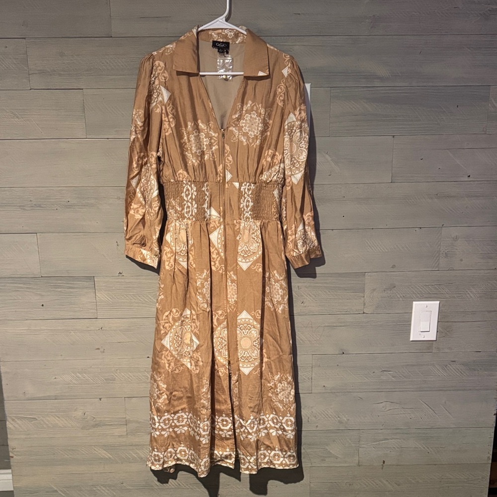 C. Luce Tan Printed Long Sleeve Midi Dress